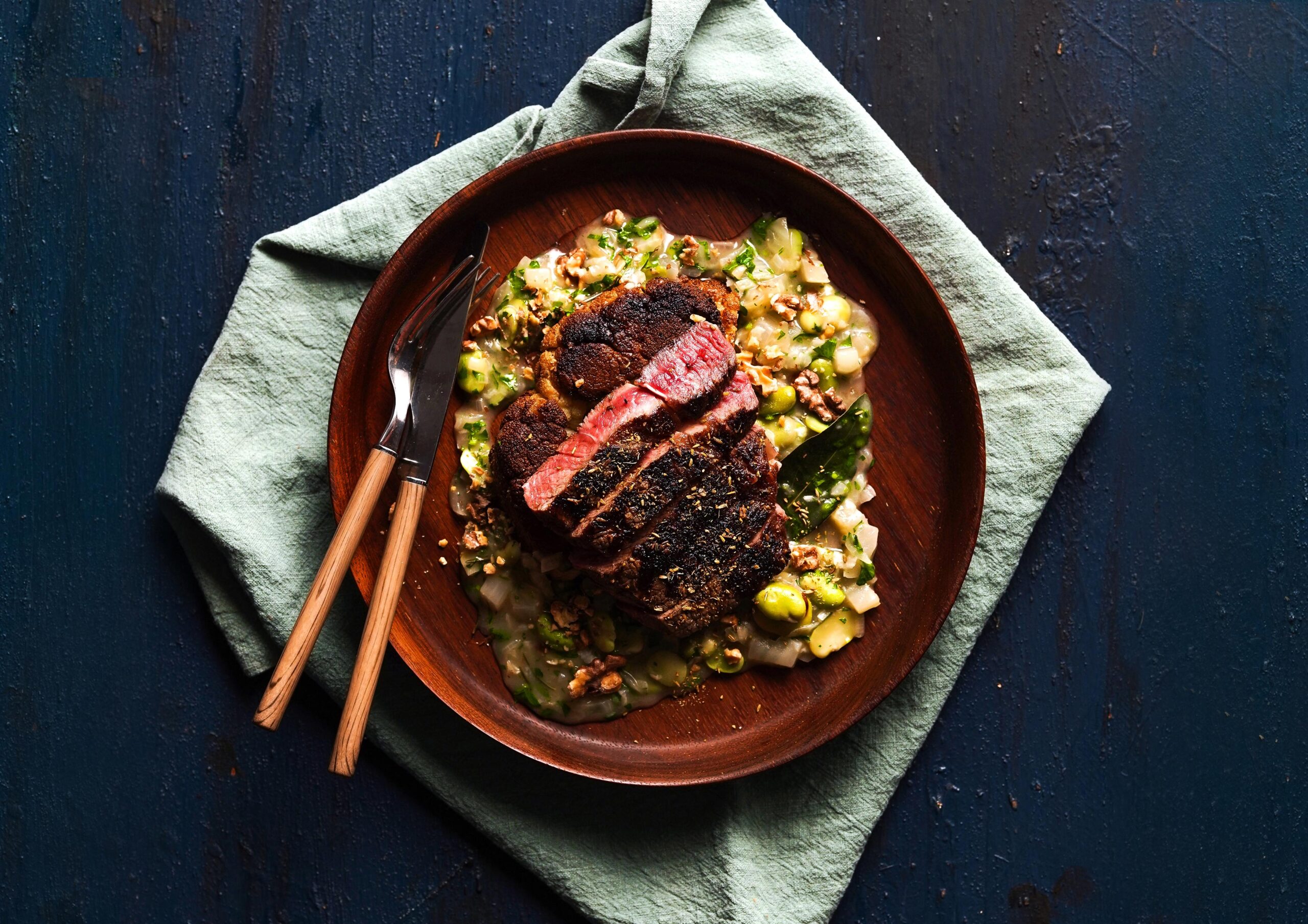 GRILLED NY STRIPLOIN STEAK WITH BROAD BEAN FRICASSEE Manning Valley